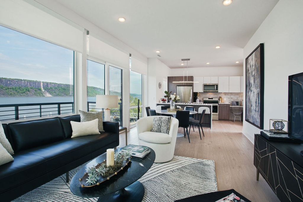 Open Floorplan Kitchen, Dining and Living Room with Hudson Views